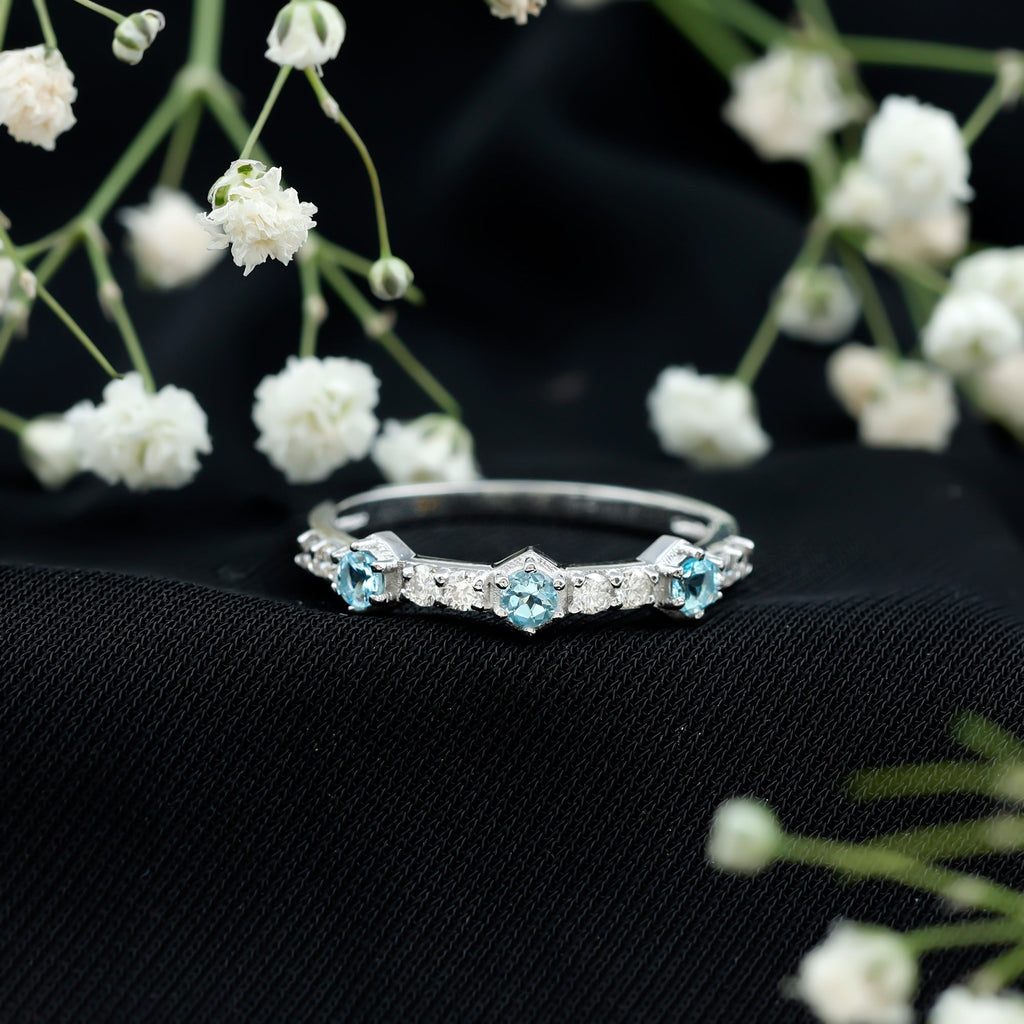 Aquamarine Eternity Ring – Diamond Half Eternity Wedding Band in Prong Setting