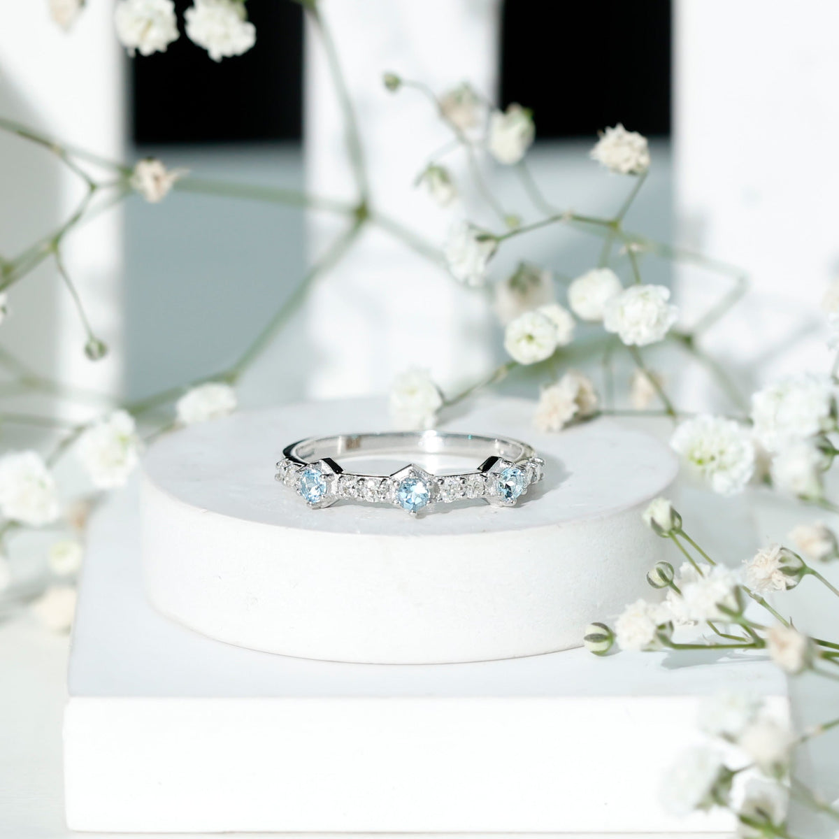 Aquamarine Eternity Ring – Diamond Half Eternity Wedding Band in Prong Setting