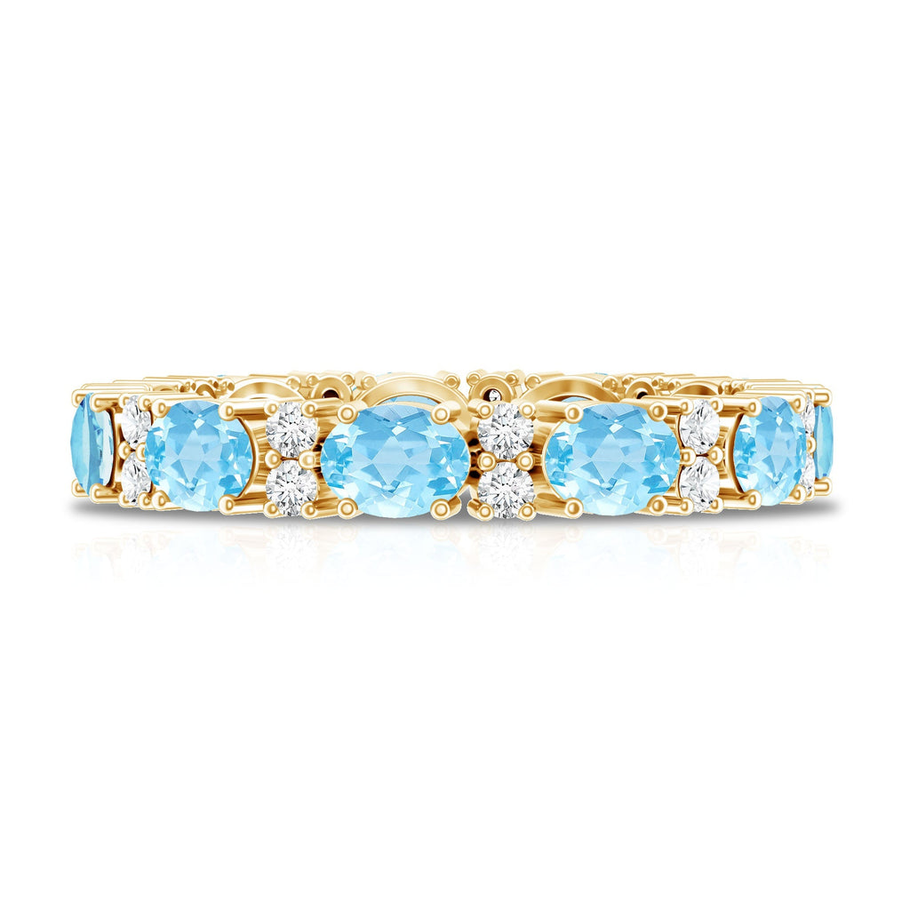 Aquamarine Eternity Ring – Diamond Wedding Band with Oval Aquamarine Gems in Prong Setting