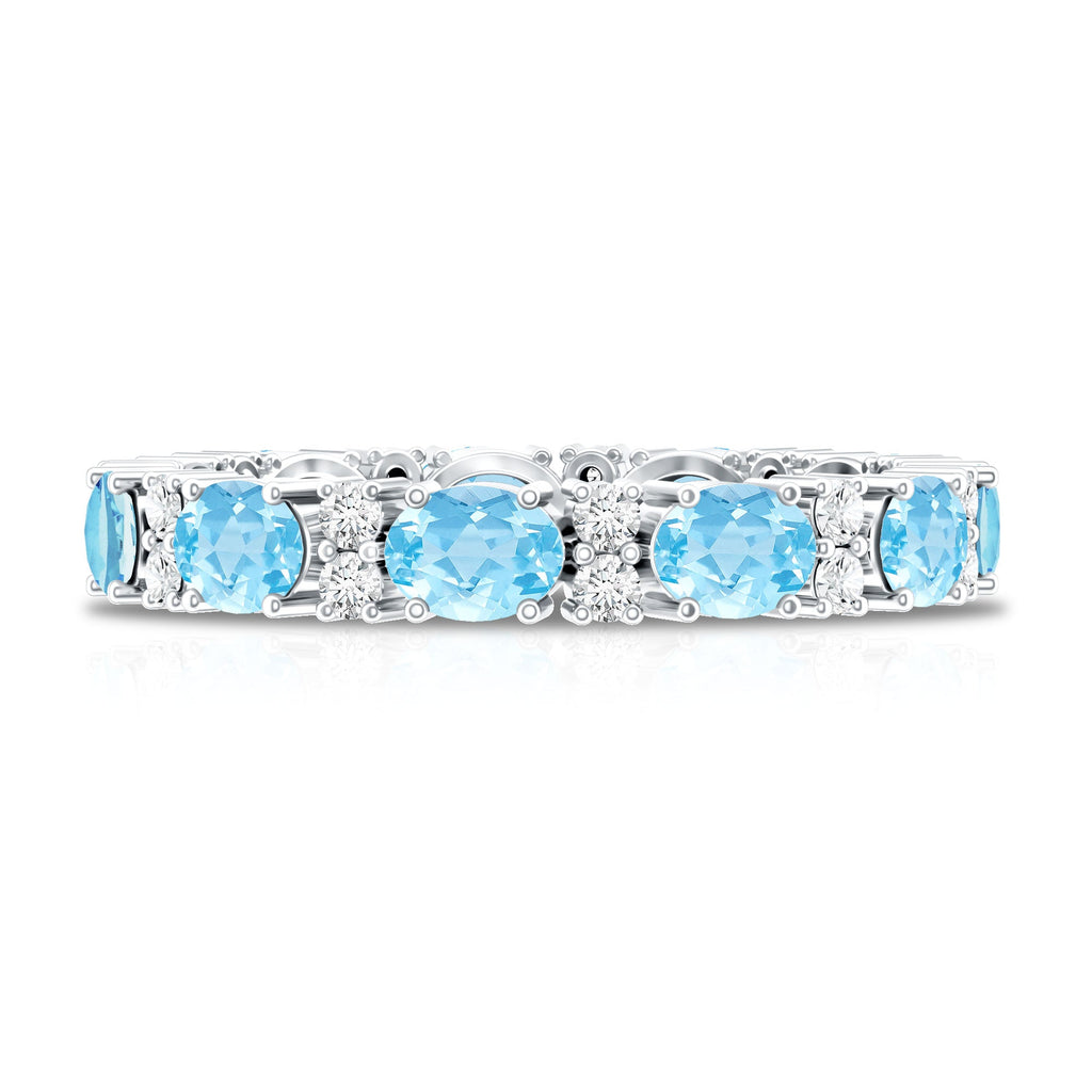 Aquamarine Eternity Ring – Diamond Wedding Band with Oval Aquamarine Gems in Prong Setting