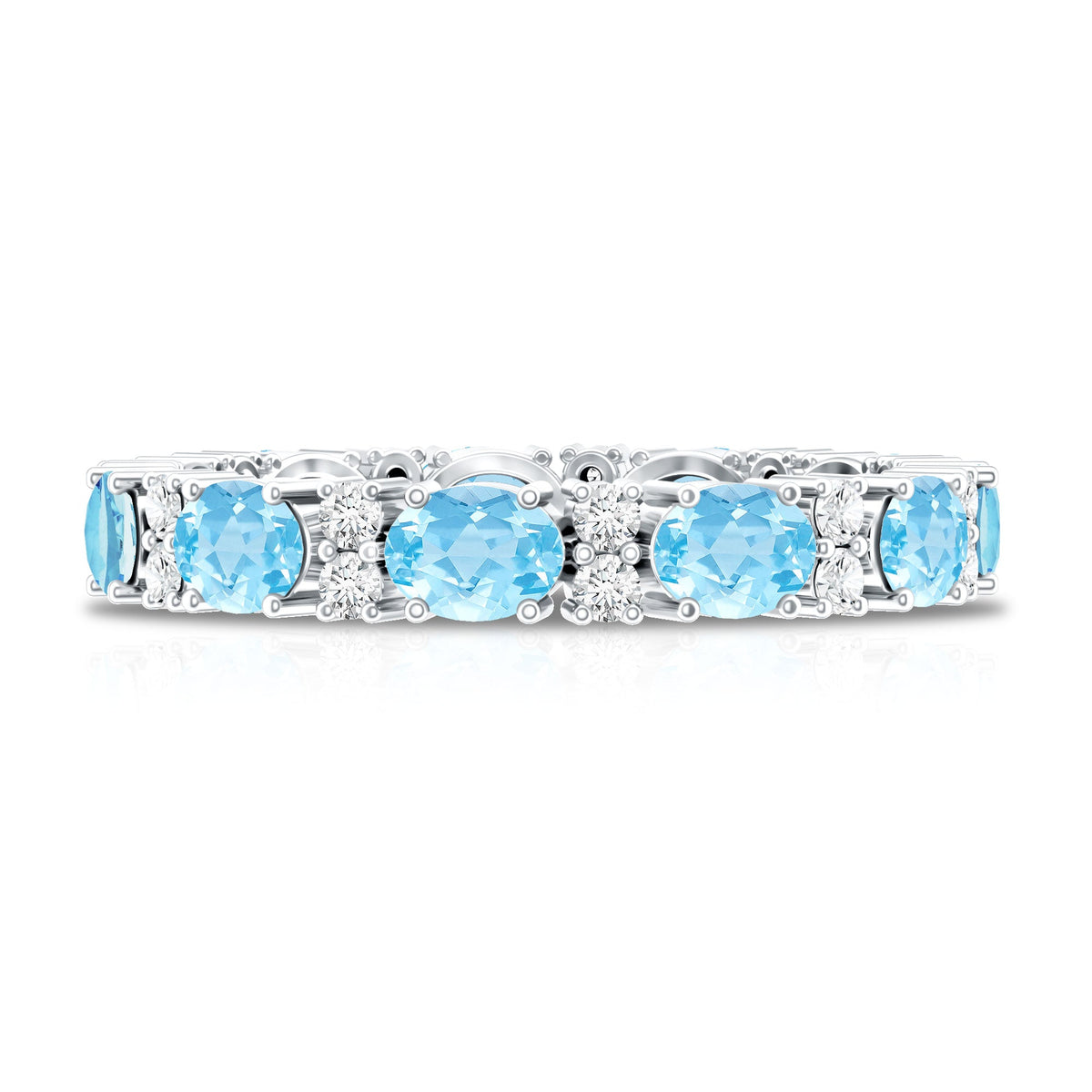 Aquamarine Eternity Ring – Diamond Wedding Band with Oval Aquamarine Gems in Prong Setting