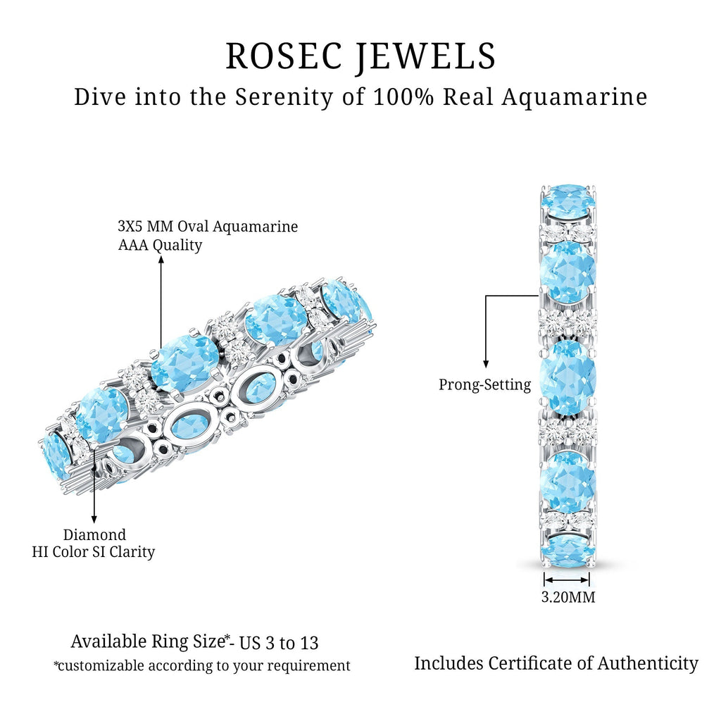 Aquamarine Eternity Ring – Diamond Wedding Band with Oval Aquamarine Gems in Prong Setting