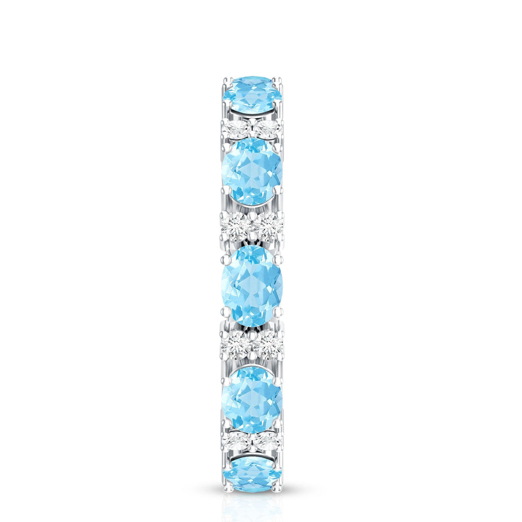 Aquamarine Eternity Ring – Diamond Wedding Band with Oval Aquamarine Gems in Prong Setting