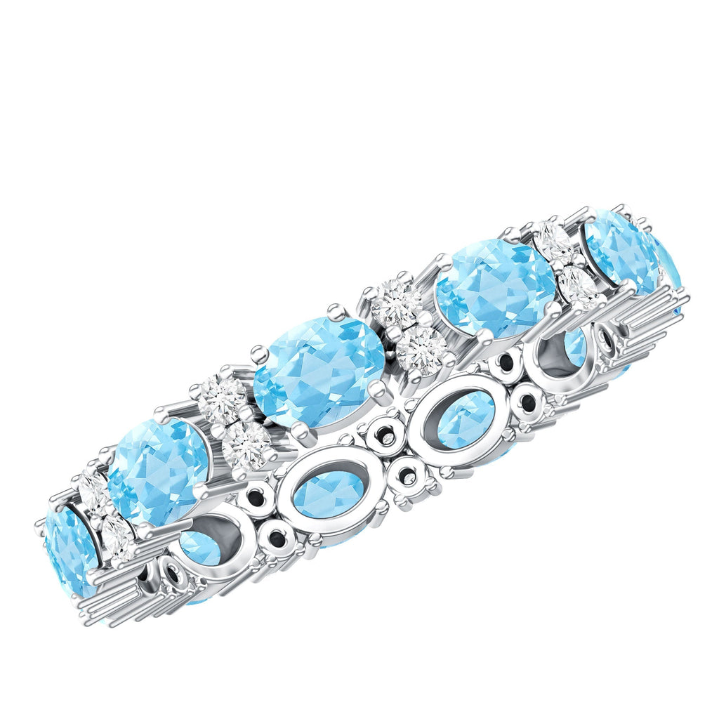Aquamarine Eternity Ring – Diamond Wedding Band with Oval Aquamarine Gems in Prong Setting