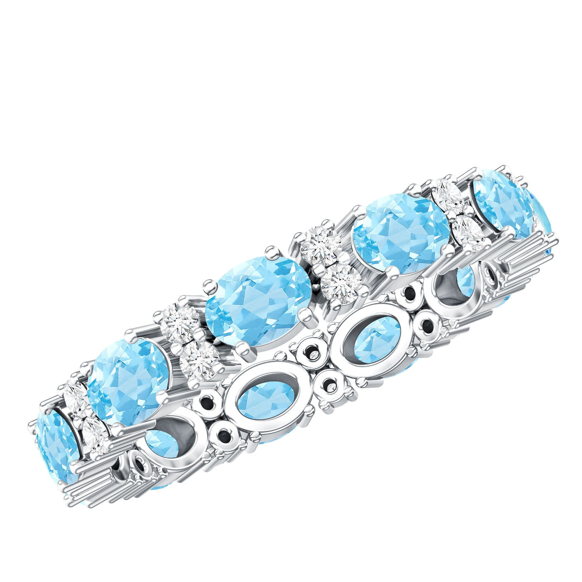 Aquamarine Eternity Ring – Diamond Wedding Band with Oval Aquamarine Gems in Prong Setting