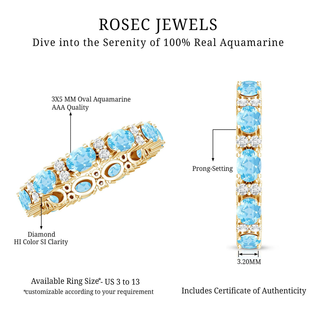 Aquamarine Eternity Ring – Diamond Wedding Band with Oval Aquamarine Gems in Prong Setting