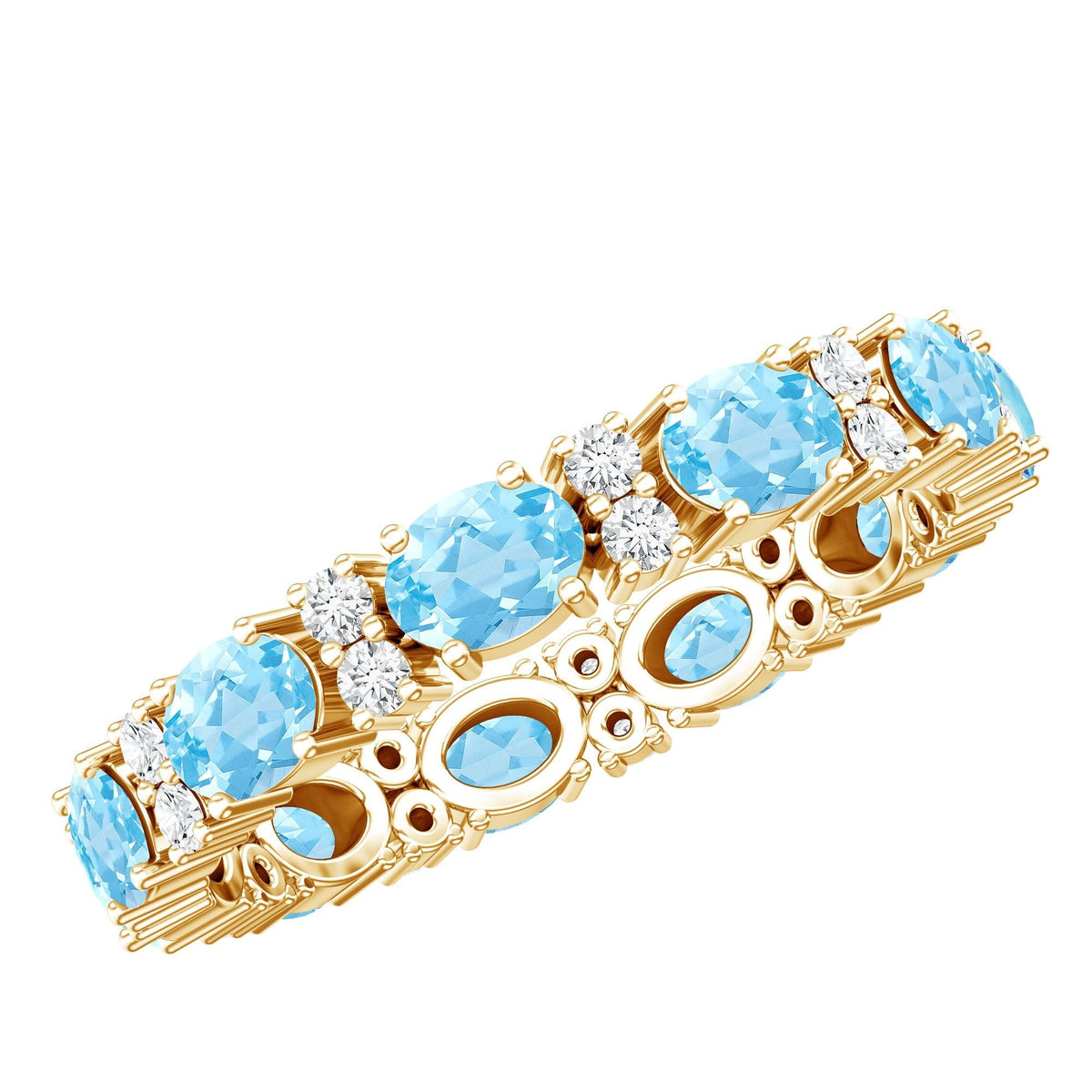 Aquamarine Eternity Ring – Diamond Wedding Band with Oval Aquamarine Gems in Prong Setting