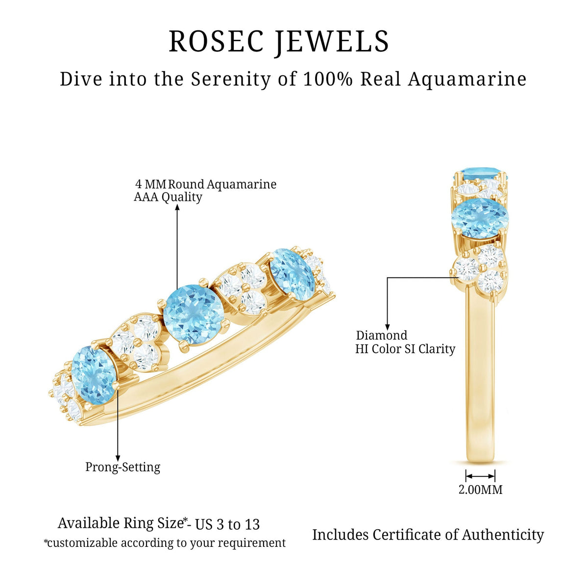 Aquamarine Eternity Ring – Half Eternity Ring With Diamond Wedding Band by Rosec Jewels