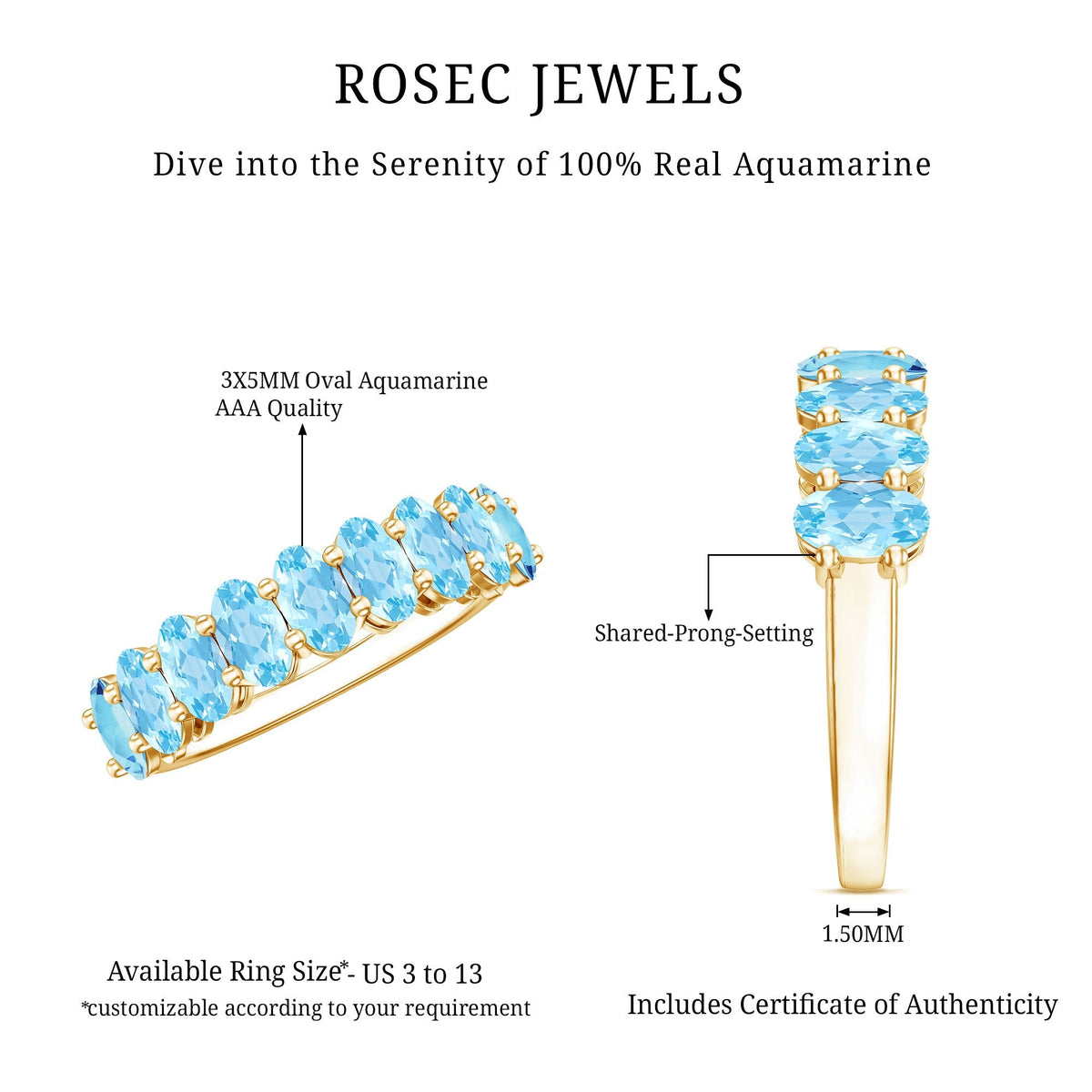 Aquamarine Eternity Ring – Oval Cut Half Eternity Band | Shared Prong Setting