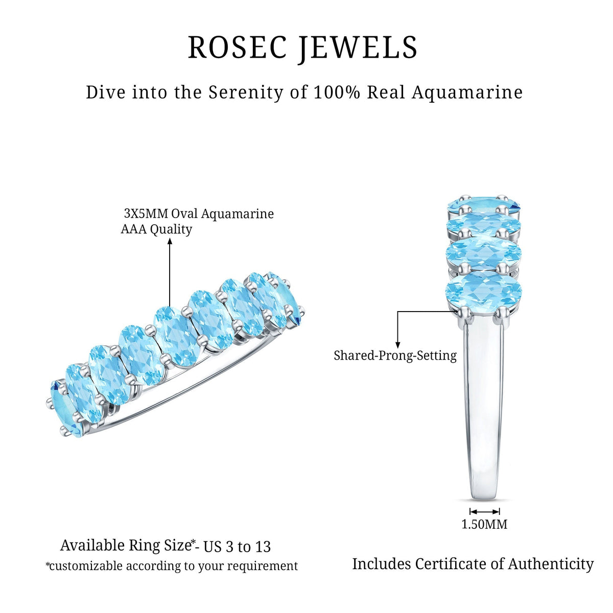 Aquamarine Eternity Ring – Oval Cut Half Eternity Band | Shared Prong Setting