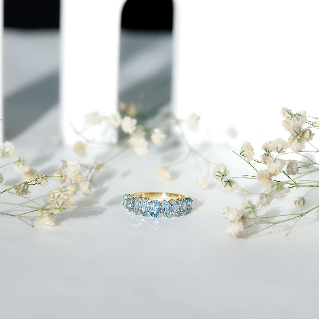 Aquamarine Eternity Ring – Oval Cut Half Eternity Band | Shared Prong Setting