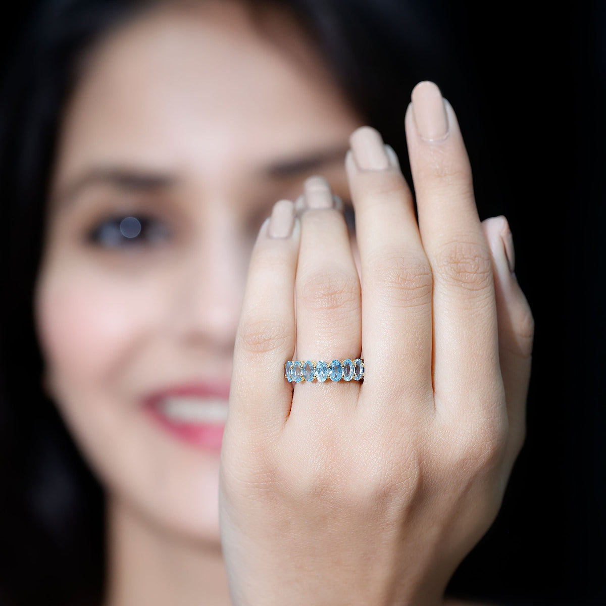 Aquamarine Eternity Ring – Oval Cut Half Eternity Band | Shared Prong Setting