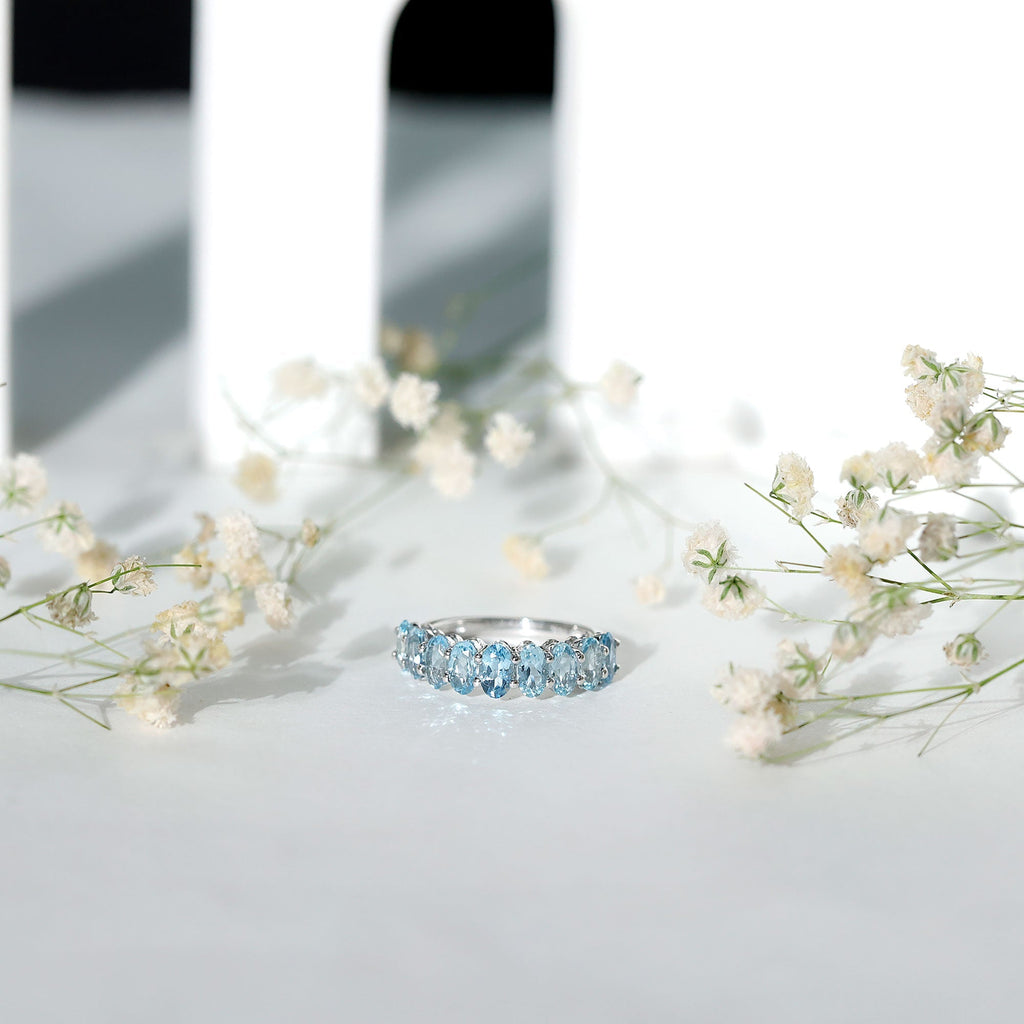 Aquamarine Eternity Ring – Oval Cut Half Eternity Band | Shared Prong Setting