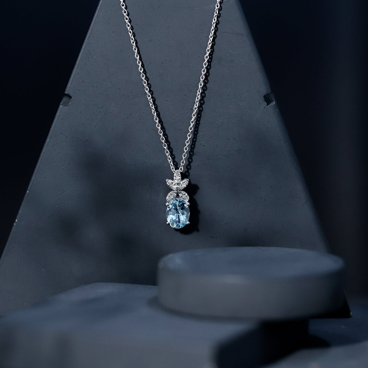 Aquamarine Flower Necklace – Oval Aquamarine Pendant With Lab Grown Diamonds