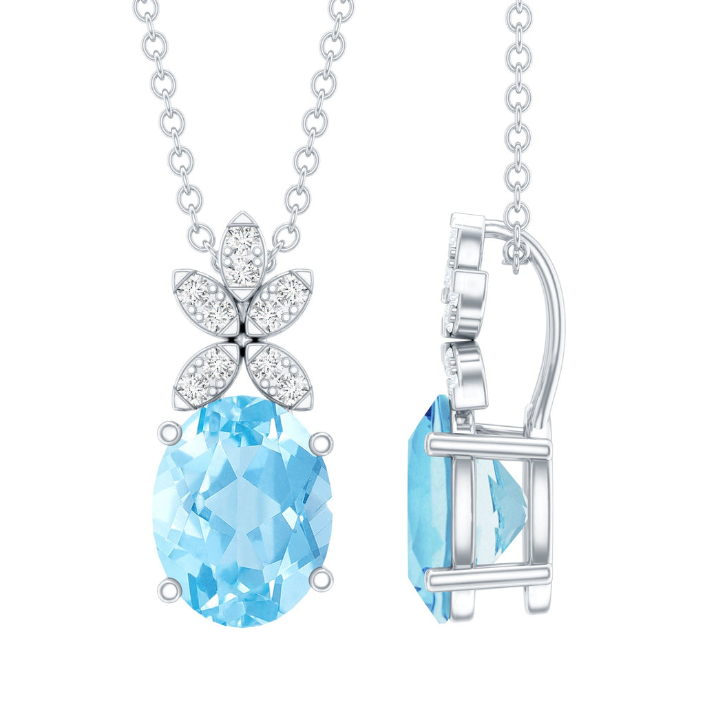Aquamarine Flower Necklace – Oval Aquamarine Pendant With Lab Grown Diamonds