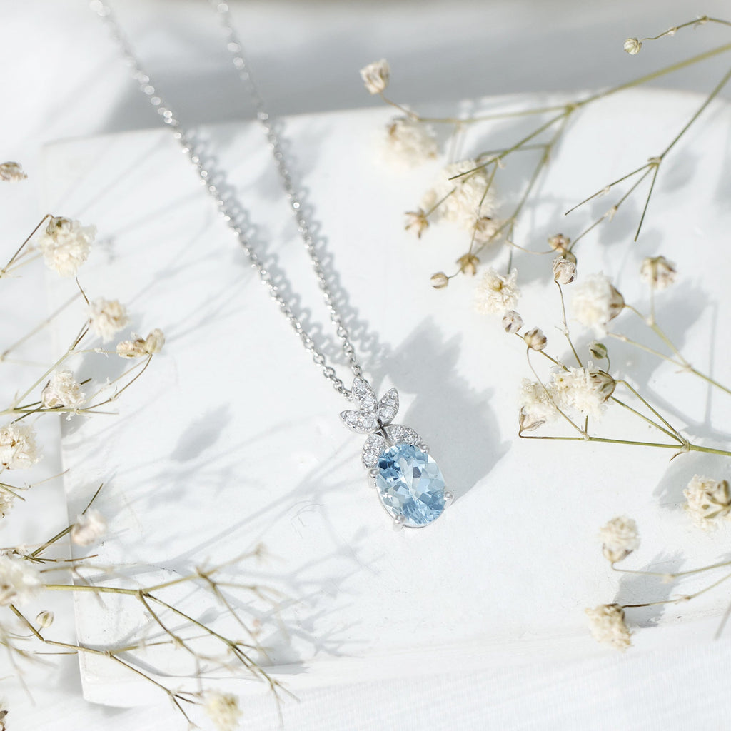 Aquamarine Flower Necklace – Oval Aquamarine Pendant With Lab Grown Diamonds