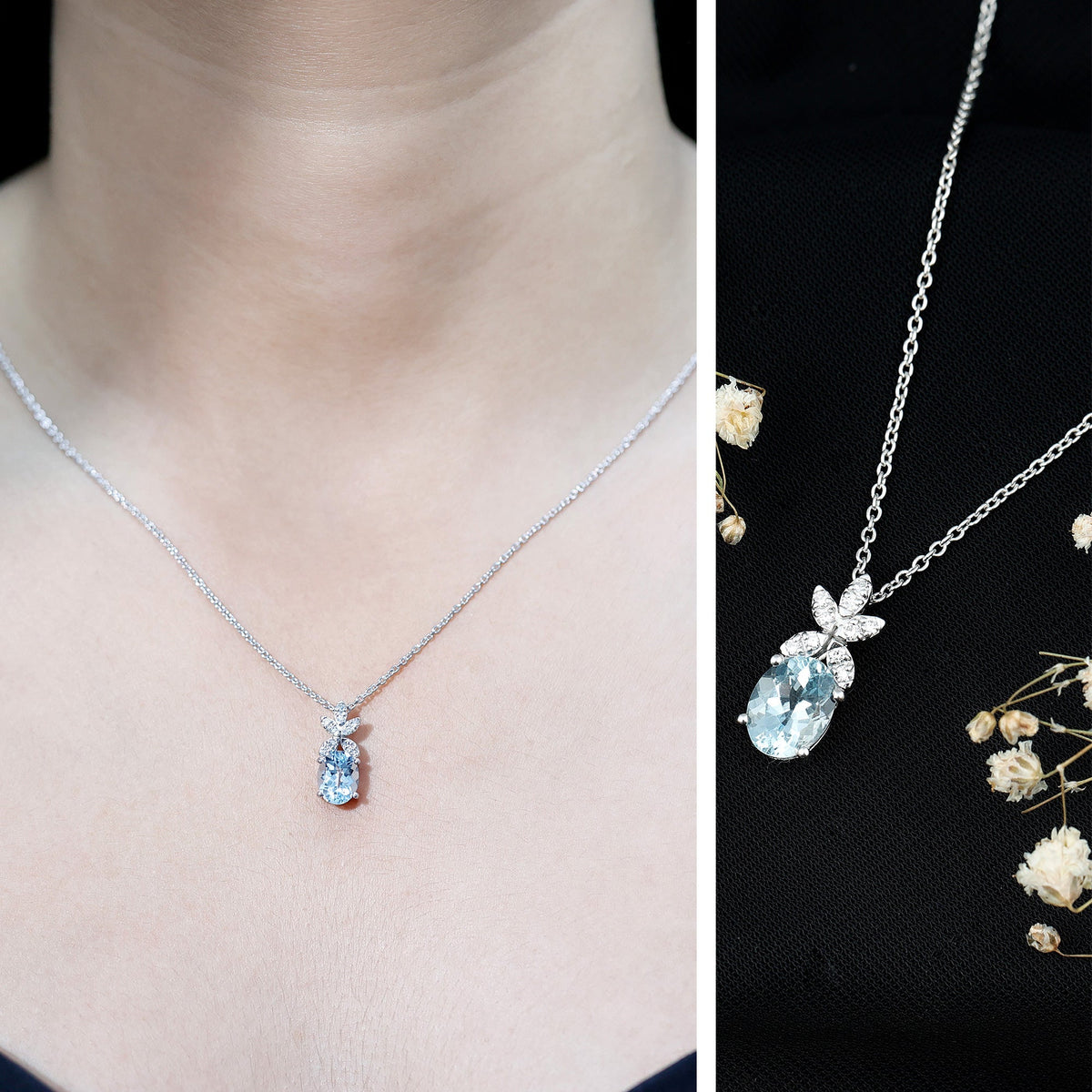 Aquamarine Flower Necklace – Oval Aquamarine Pendant With Lab Grown Diamonds