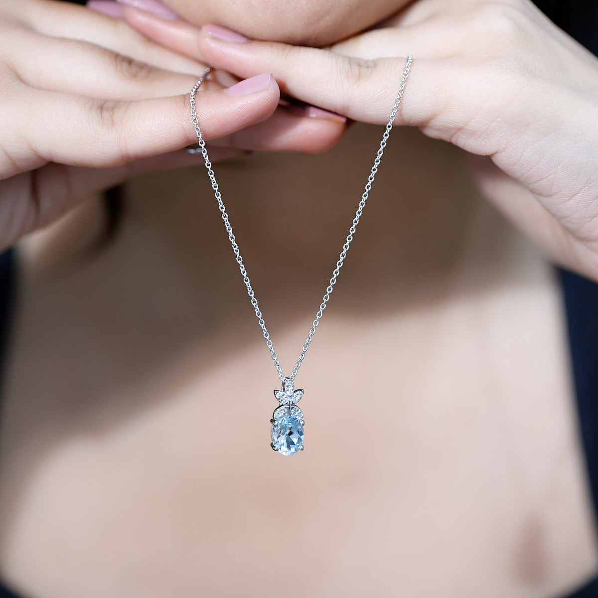 Aquamarine Flower Necklace – Oval Aquamarine Pendant With Lab Grown Diamonds