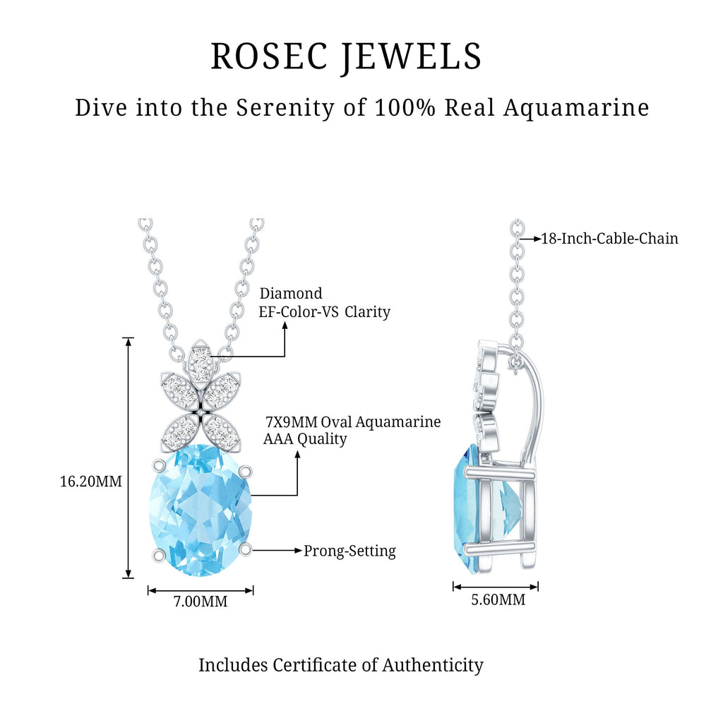 Aquamarine Flower Necklace – Oval Aquamarine Pendant With Lab Grown Diamonds