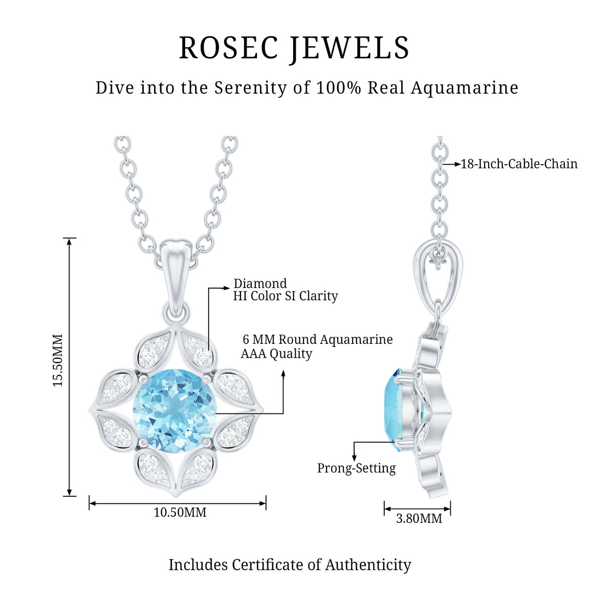 Aquamarine Flower Pendant – Diamond Pendant Necklace | Natural Aquamarine Jewelry