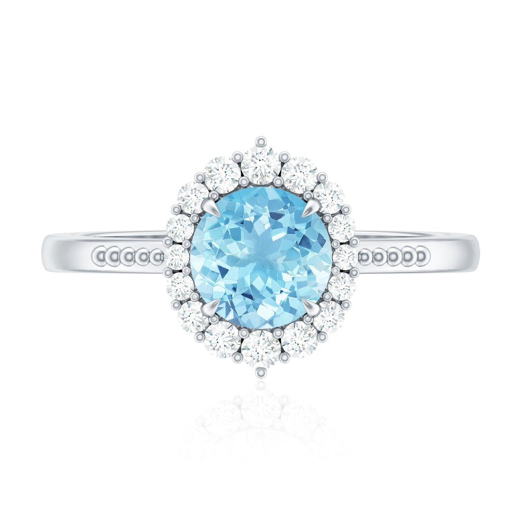 Aquamarine Halo Ring – Blue Gemstone Engagement Ring With Diamond Halo