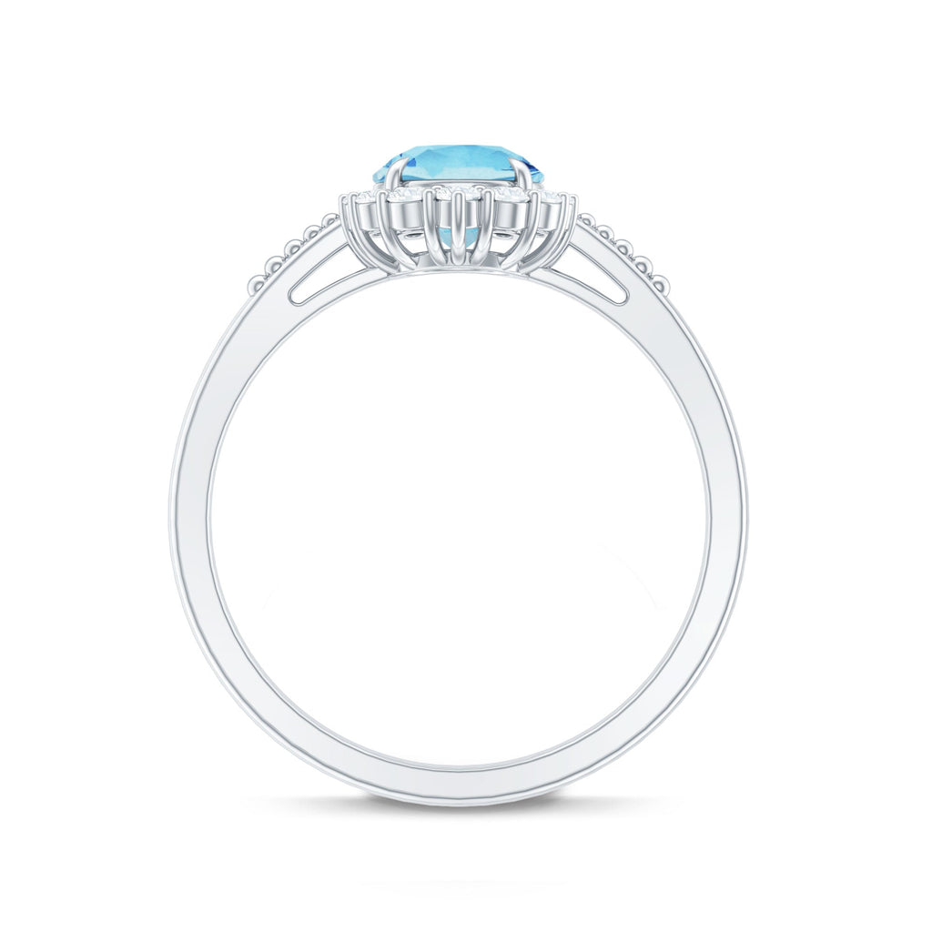 Aquamarine Halo Ring – Blue Gemstone Engagement Ring With Diamond Halo