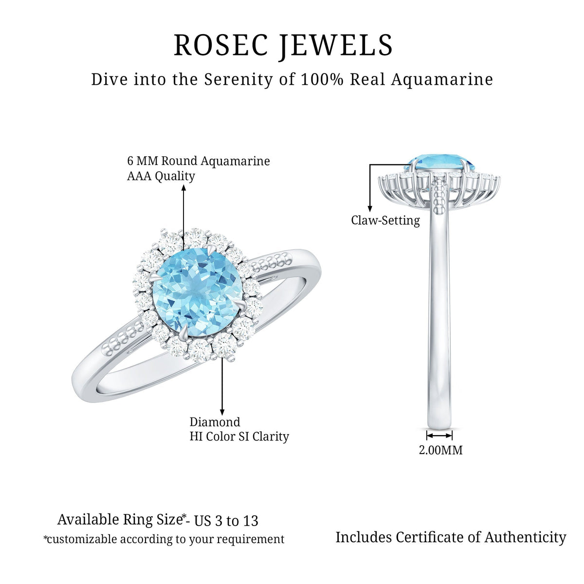Aquamarine Halo Ring – Blue Gemstone Engagement Ring With Diamond Halo