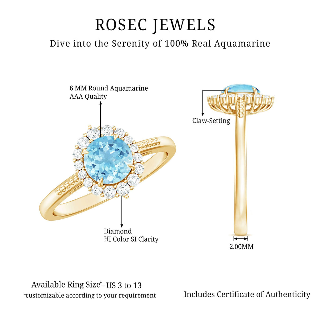 Aquamarine Halo Ring – Blue Gemstone Engagement Ring With Diamond Halo