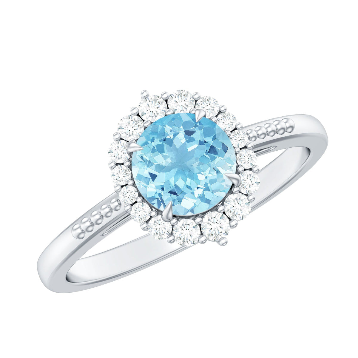 Aquamarine Halo Ring – Blue Gemstone Engagement Ring With Diamond Halo