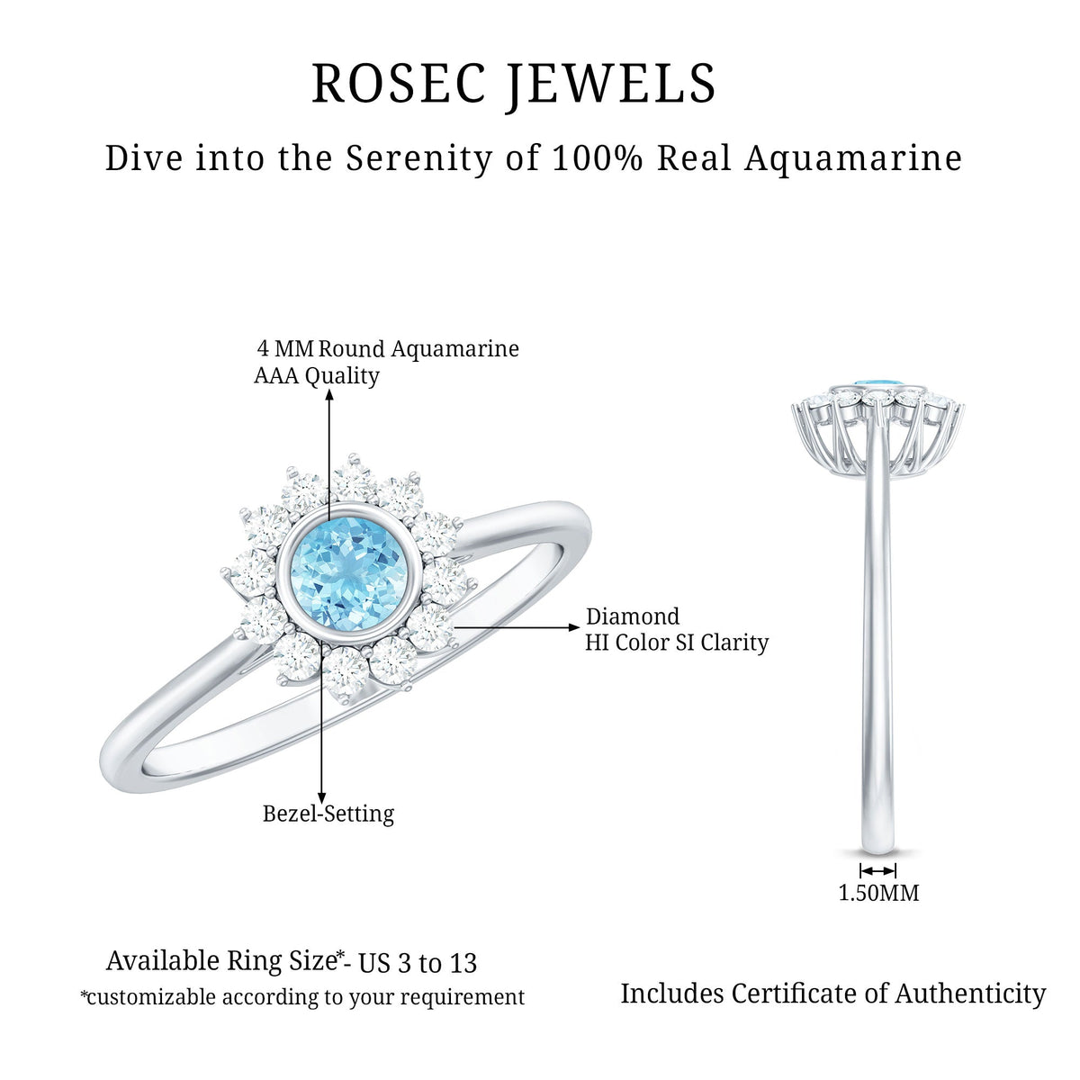 Aquamarine Halo Ring – Elegant Diamond Halo Promise Ring With Slim Band