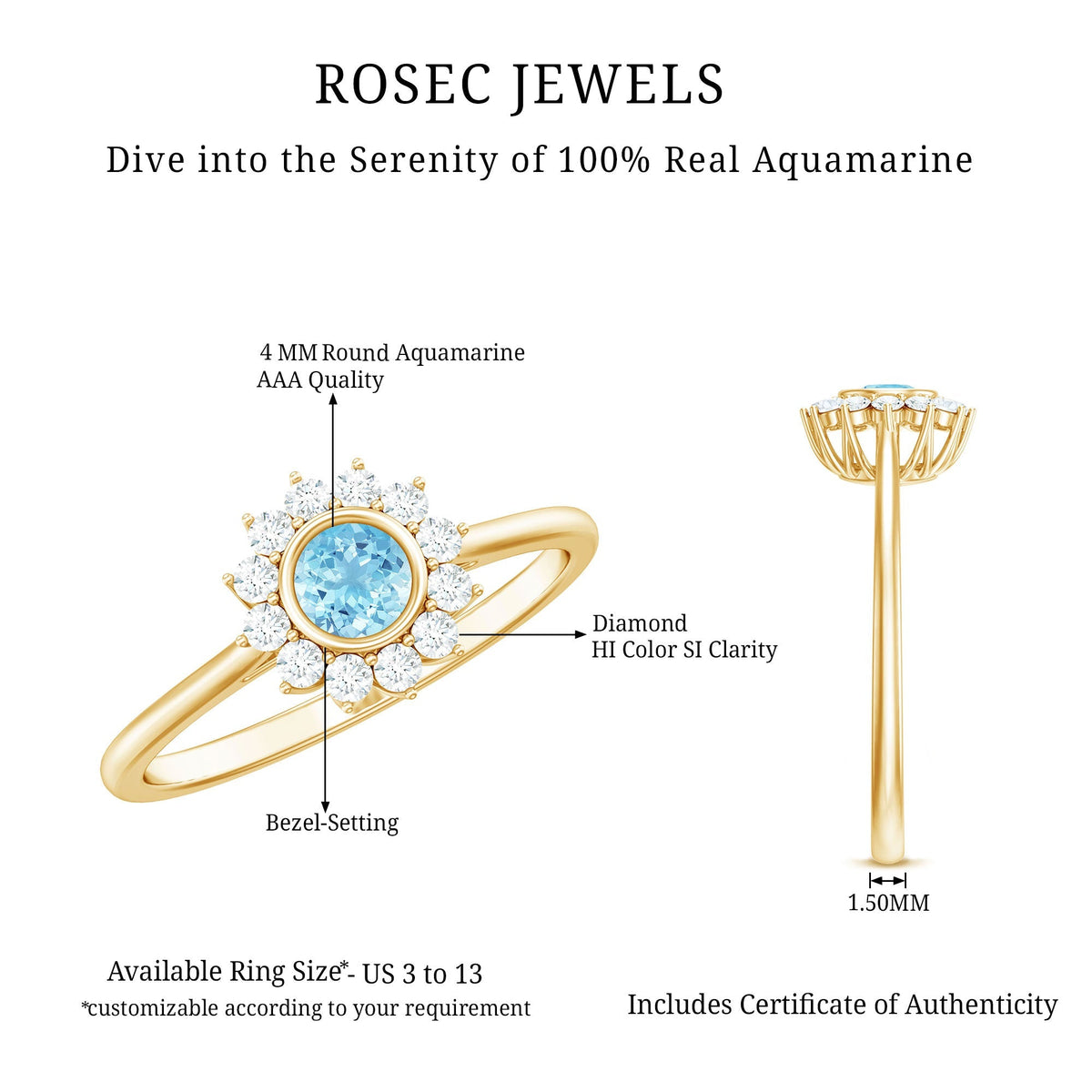 Aquamarine Halo Ring – Elegant Diamond Halo Promise Ring With Slim Band