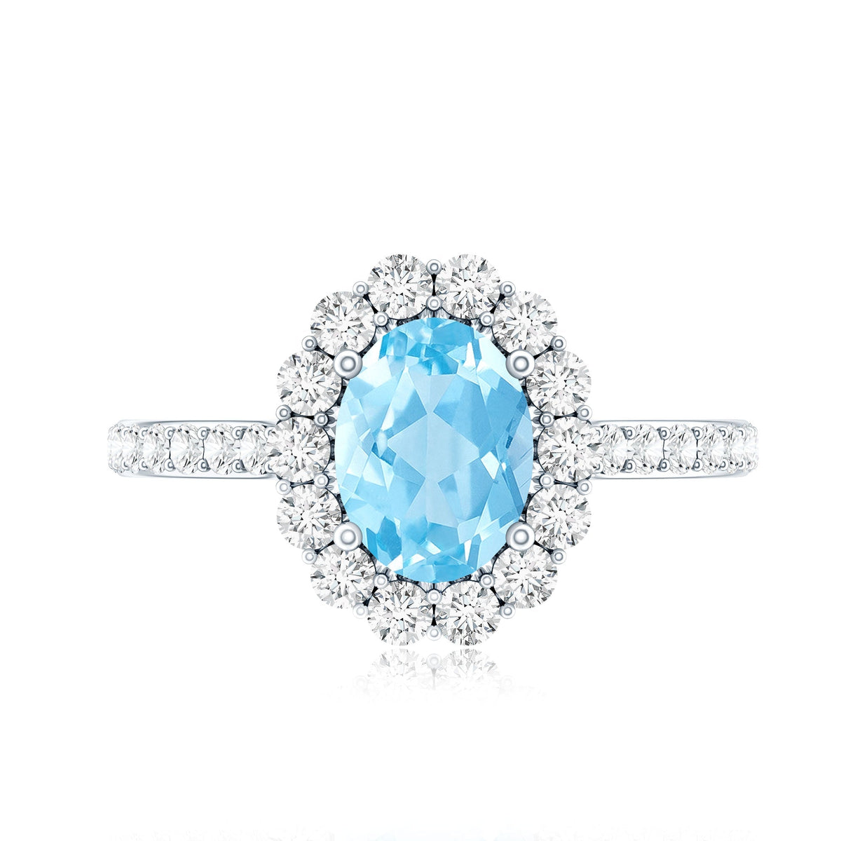 Aquamarine Halo Ring – Oval Engagement Ring with AAA Quality Aquamarine & Moissanite Halo