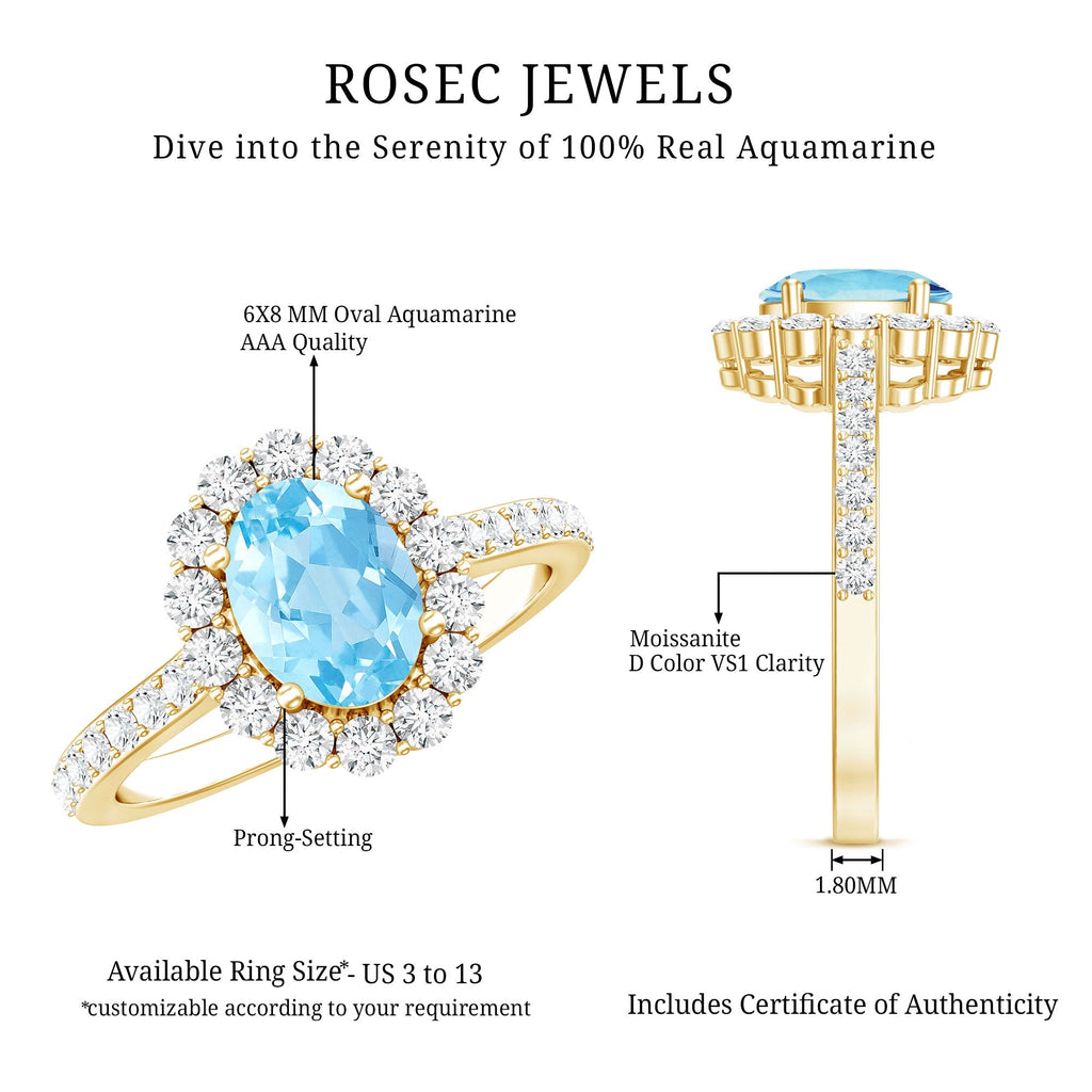 Aquamarine Halo Ring – Oval Engagement Ring with AAA Quality Aquamarine & Moissanite Halo