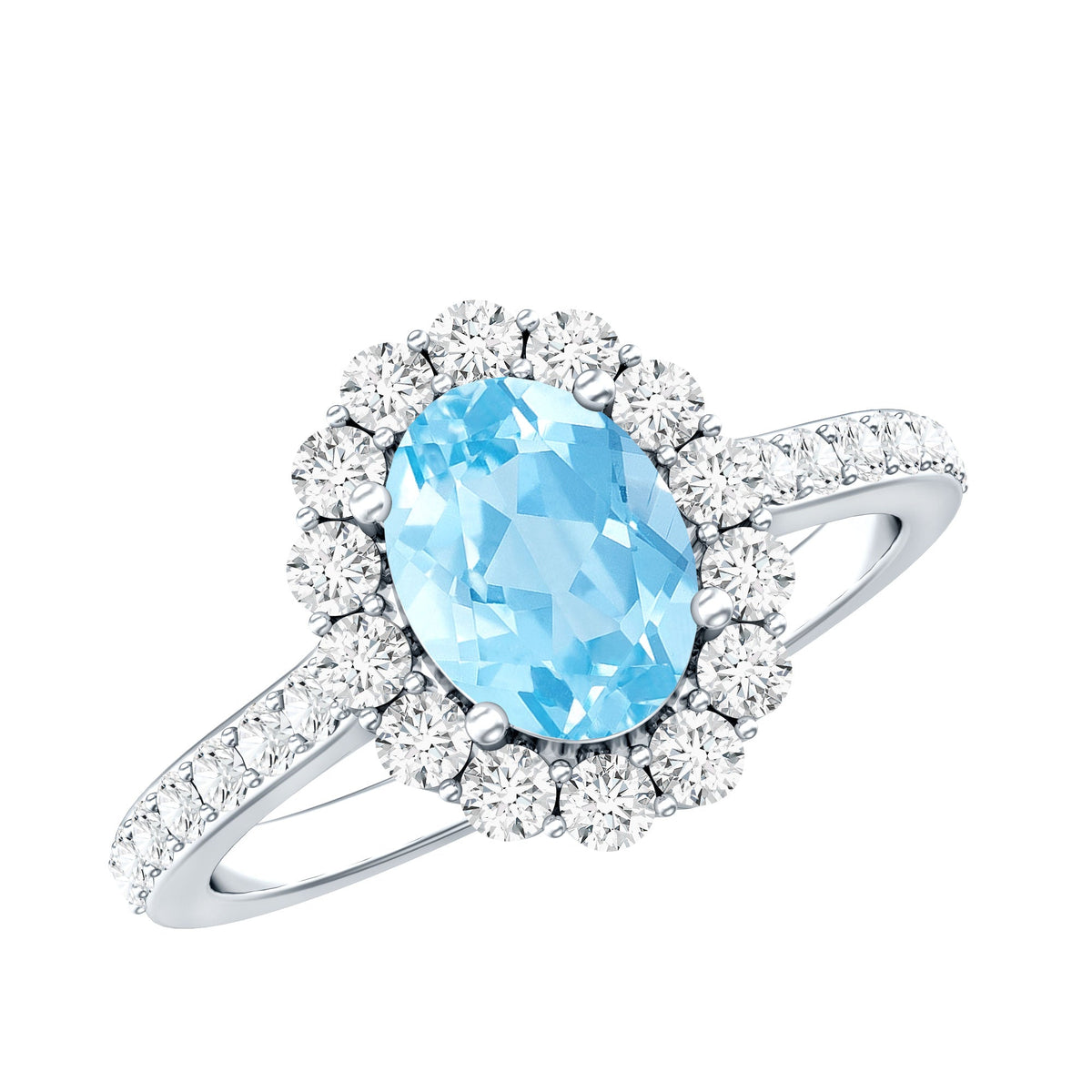 Aquamarine Halo Ring – Oval Engagement Ring with AAA Quality Aquamarine & Moissanite Halo