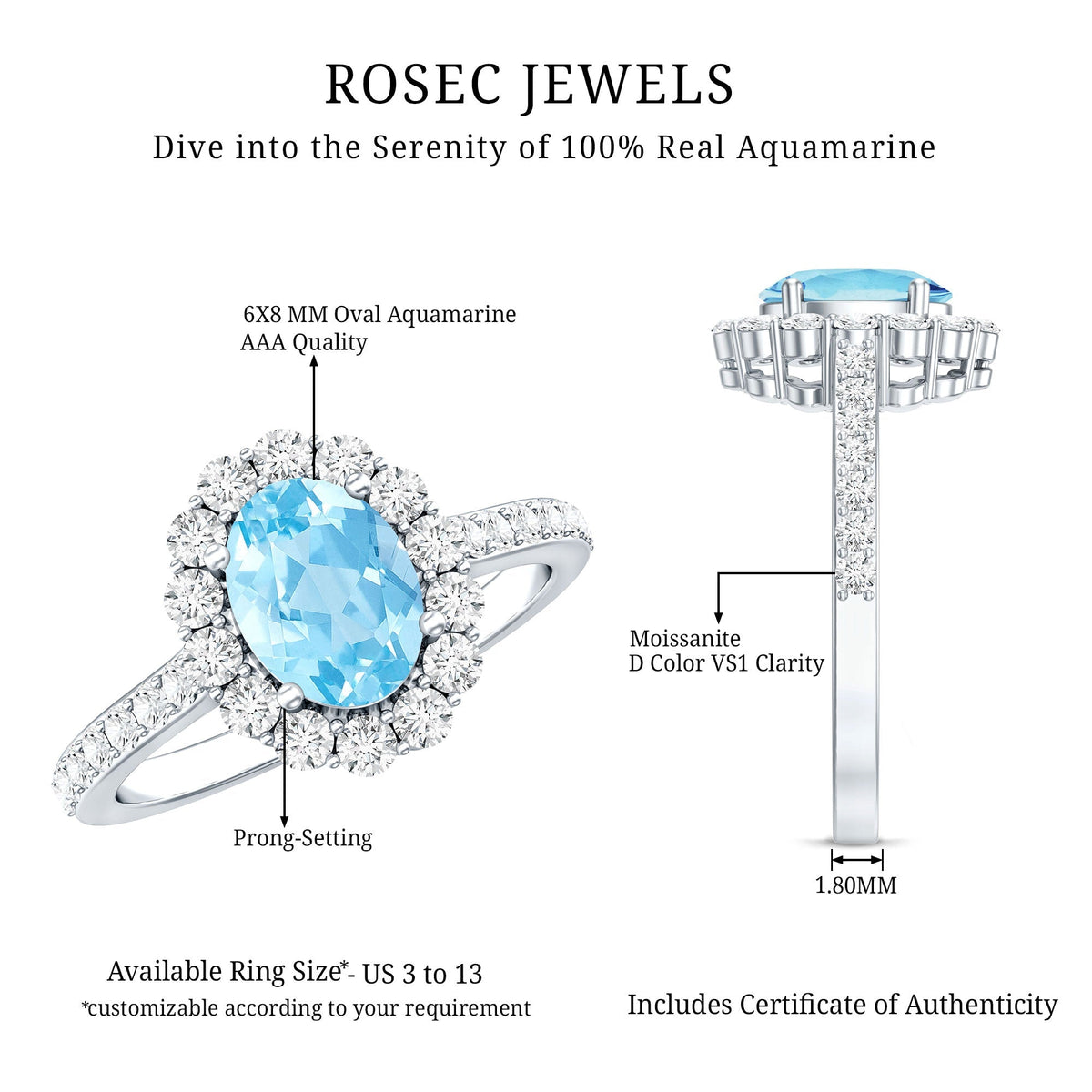Aquamarine Halo Ring – Oval Engagement Ring with AAA Quality Aquamarine & Moissanite Halo