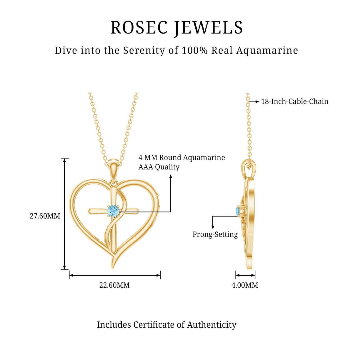 Aquamarine Heart Necklace – Elegant Cross Pendant Jewelry with AAA Quality Gemstone