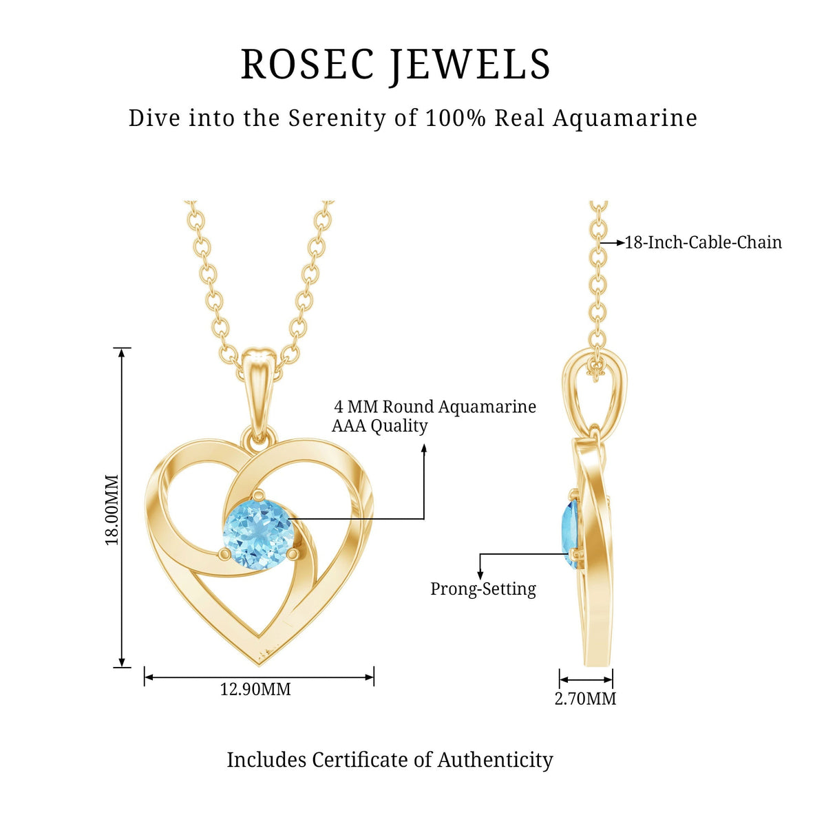 Aquamarine Heart Necklace – Solitaire Heart Pendant With AAA Quality Gemstone