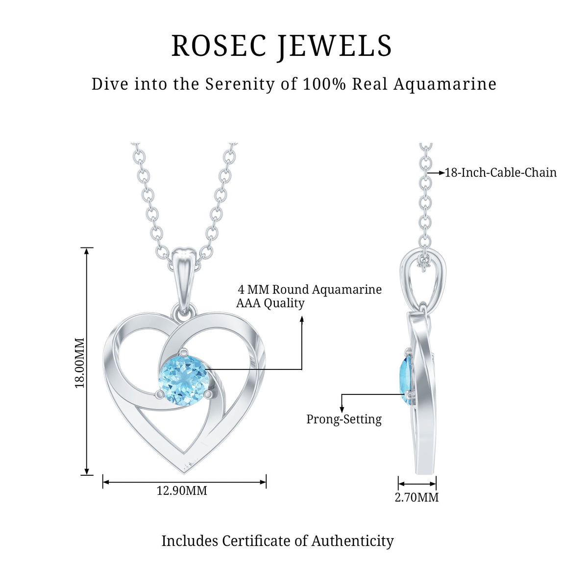 Aquamarine Heart Necklace – Solitaire Heart Pendant With AAA Quality Gemstone
