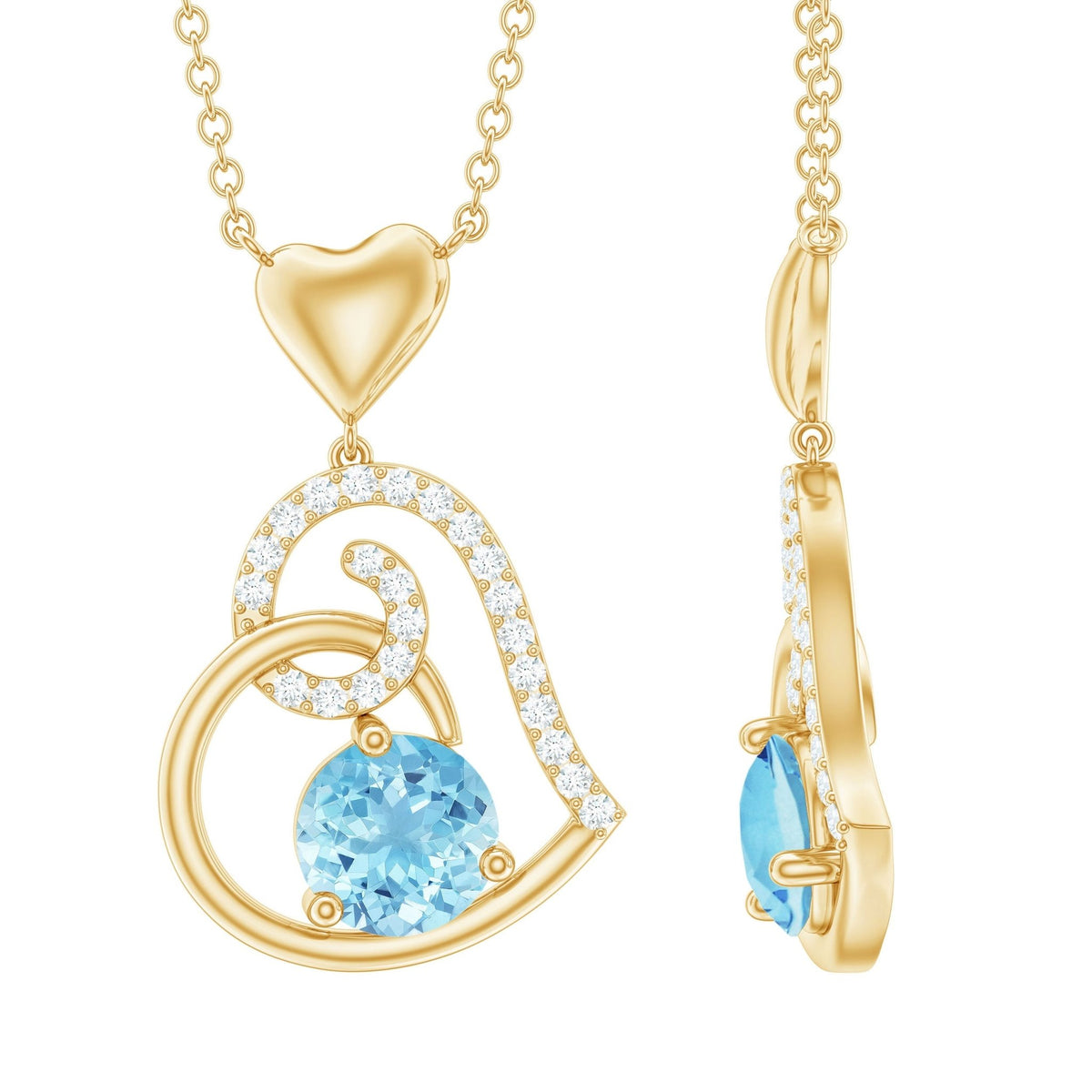 Aquamarine Heart Pendant – Solid Gold Solitaire with Diamond Prong Setting