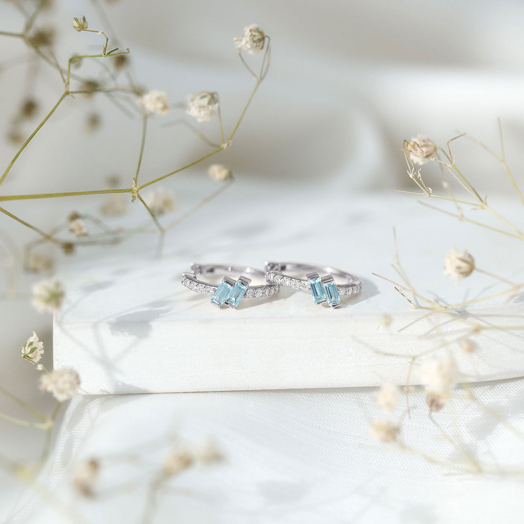 Aquamarine Hoop Earrings – Half Carat Baguette Cut Blue Gemstones | Lab Diamond Jewelry