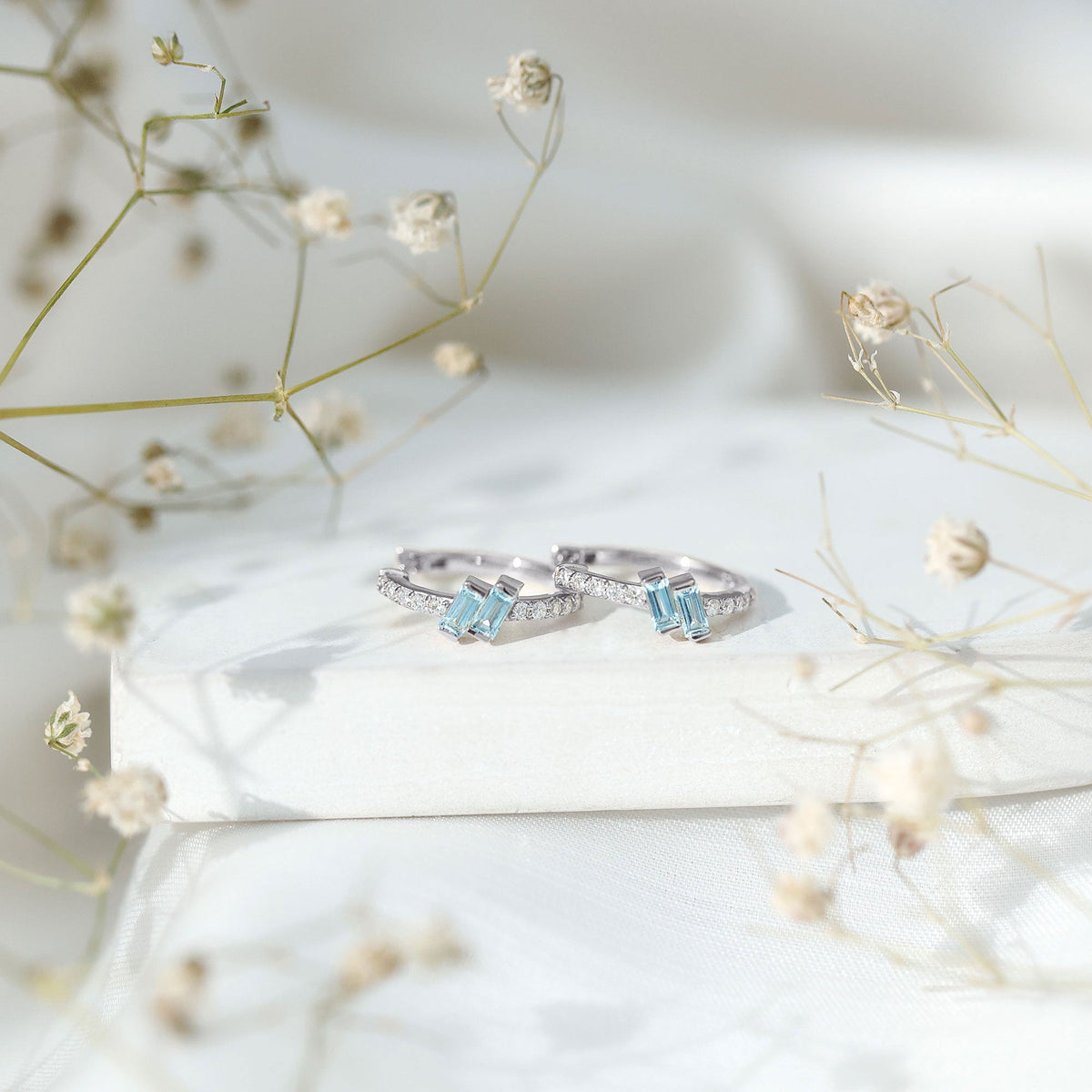Aquamarine Hoop Earrings – Half Carat Baguette Cut Blue Gemstones | Lab Diamond Jewelry