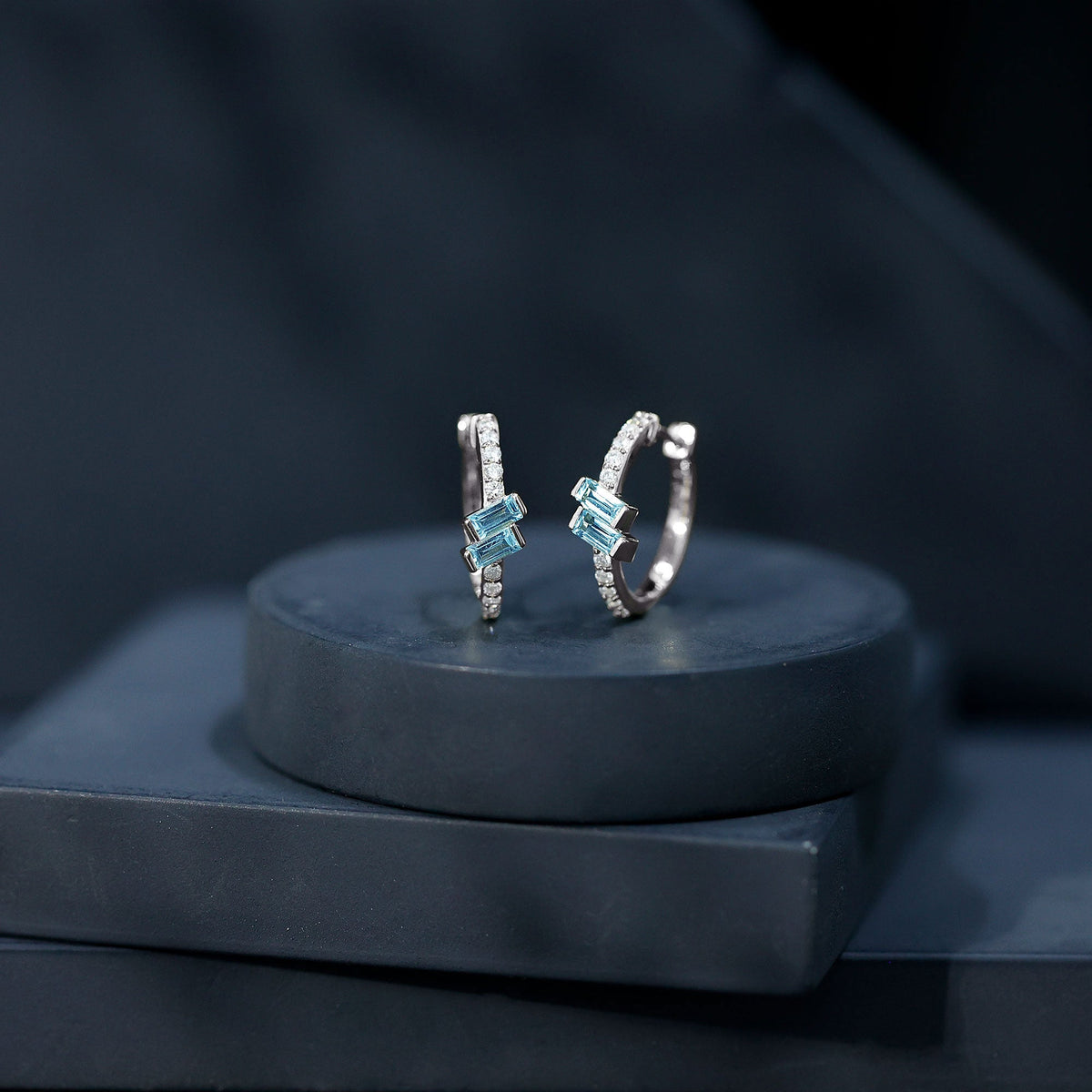 Aquamarine Hoop Earrings – Half Carat Baguette Cut Blue Gemstones | Lab Diamond Jewelry