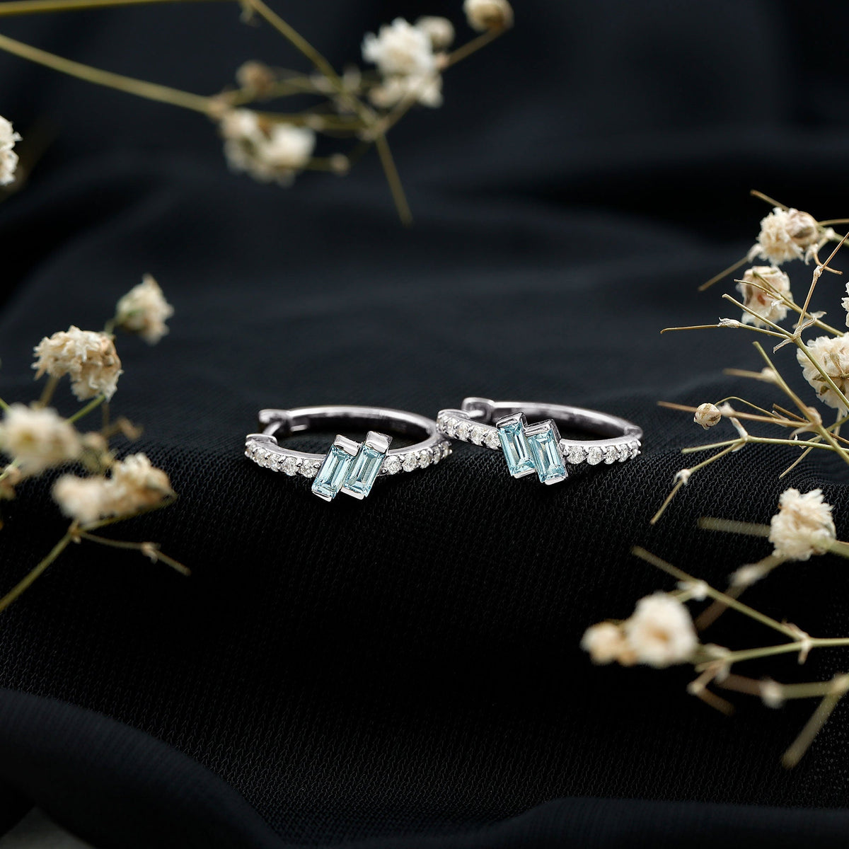 Aquamarine Hoop Earrings – Half Carat Baguette Cut Blue Gemstones | Lab Diamond Jewelry