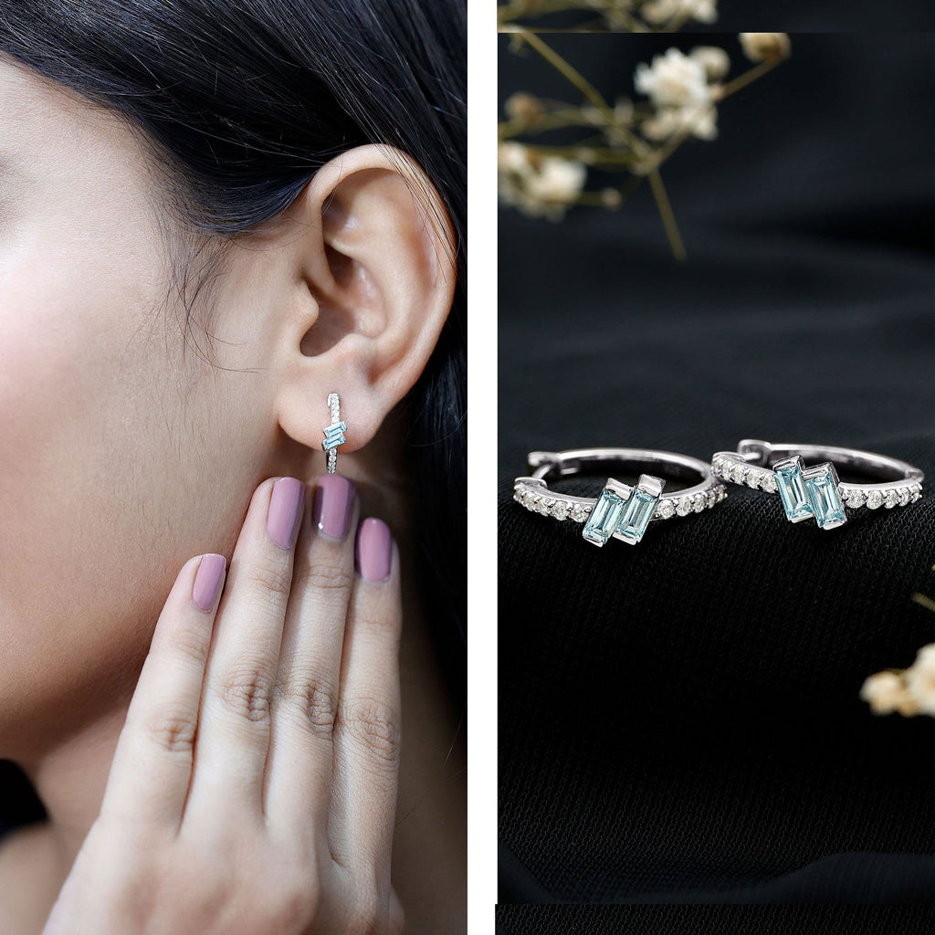 Aquamarine Hoop Earrings – Half Carat Baguette Cut Blue Gemstones | Lab Diamond Jewelry