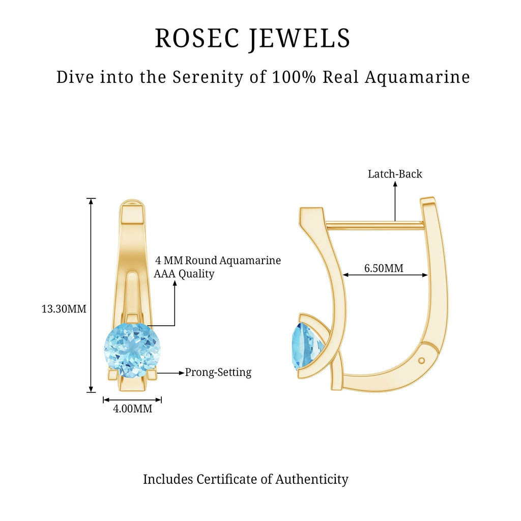Aquamarine Hoop Earrings – Natural Round Shape Hoops | 3 Prong Setting & Latch Back Closure