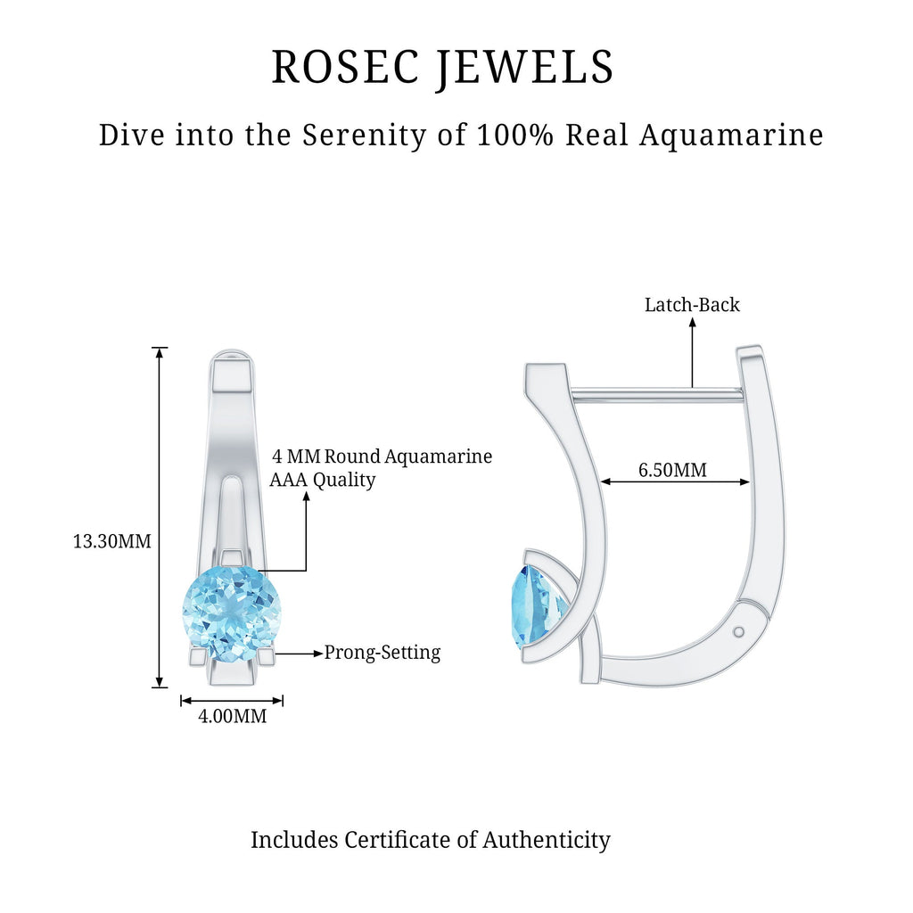 Aquamarine Hoop Earrings – Natural Round Shape Hoops | 3 Prong Setting & Latch Back Closure
