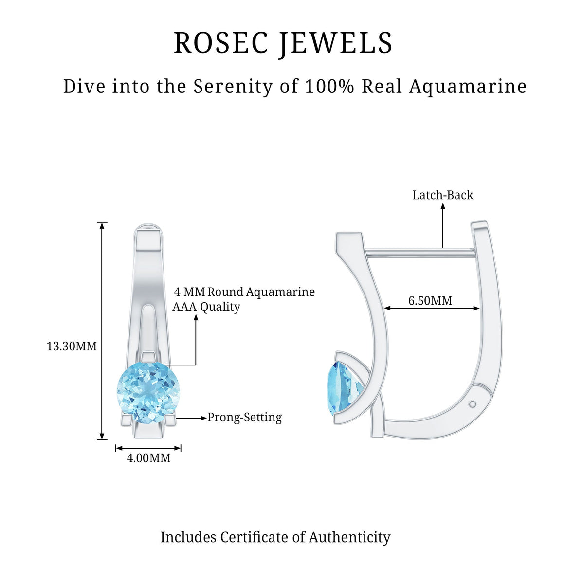 Aquamarine Hoop Earrings – Natural Round Shape Hoops | 3 Prong Setting & Latch Back Closure