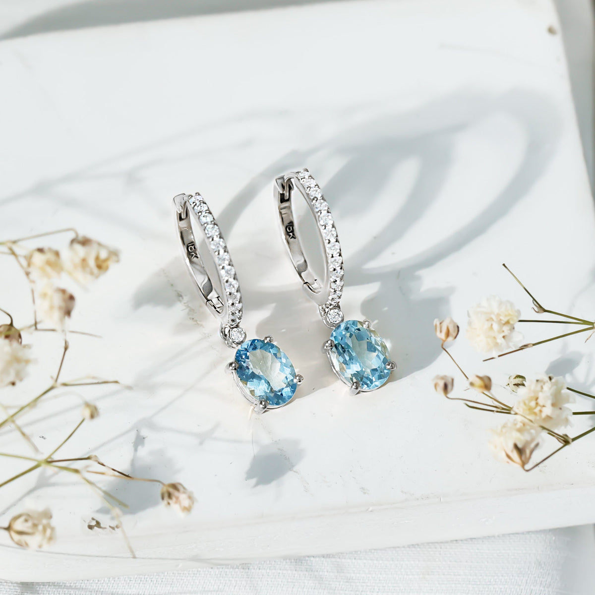 Aquamarine Hoop Earrings – Oval Cut Aquamarine Drop with Sparkling Diamond Hoops