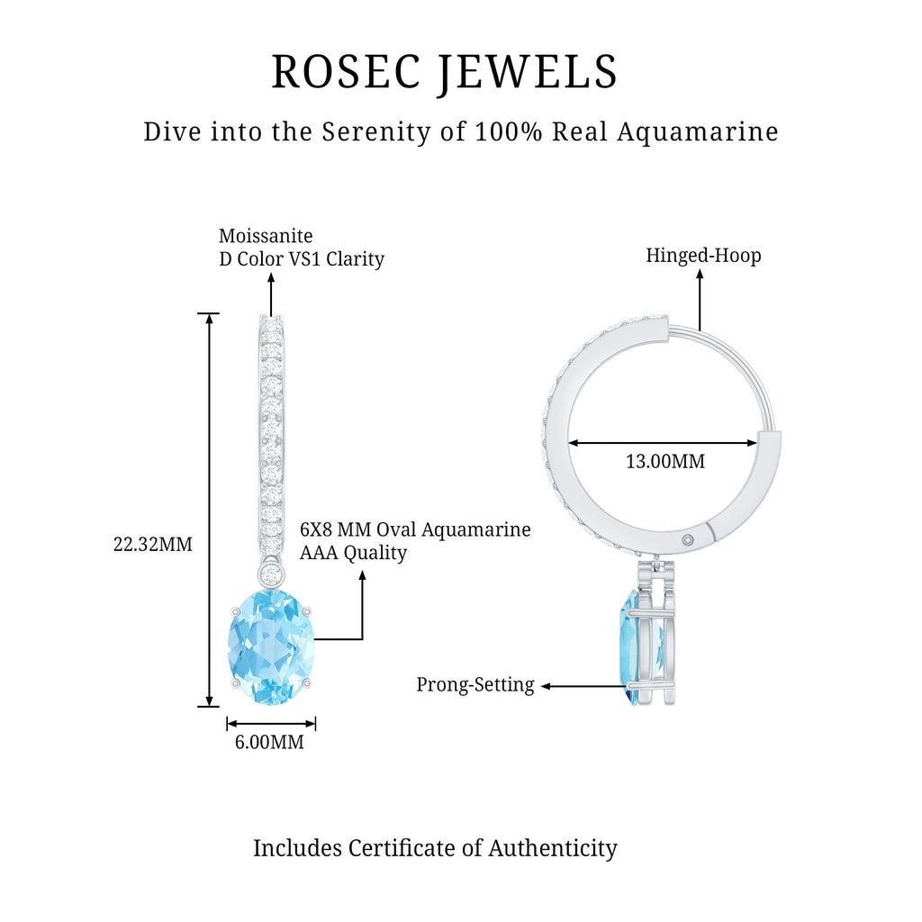 Aquamarine Hoop Earrings – Oval Cut Aquamarine Drop with Sparkling Diamond Hoops