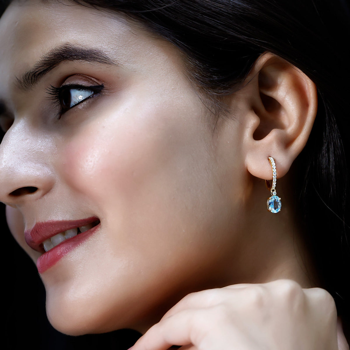 Aquamarine Hoop Earrings – Oval Cut Aquamarine Drop with Sparkling Diamond Hoops